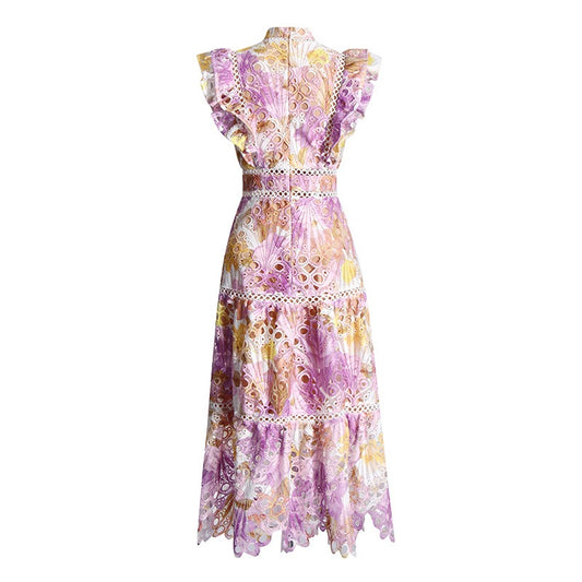 Embroidered Lace Midi Dress - Purple