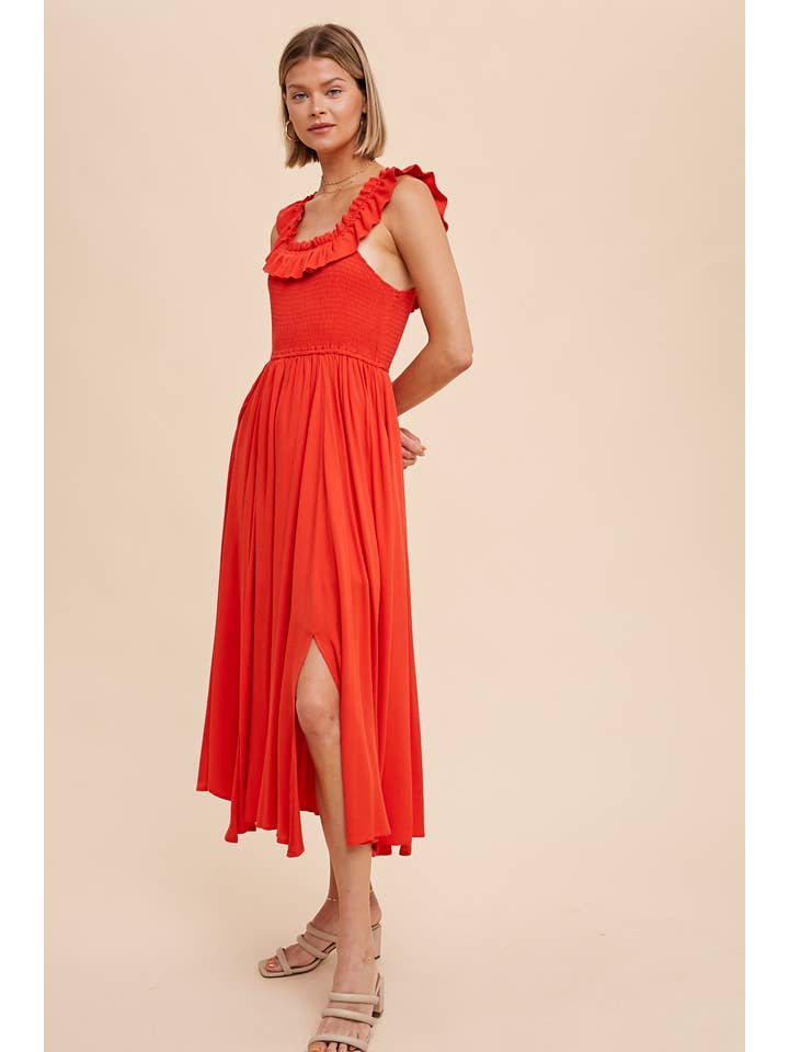 Smocked Ruffled Midi Dress - Chili
