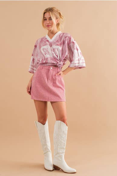 Studded Denim Mini Skirt - Hot Pink