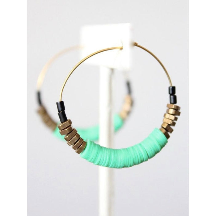 Green Black and Brass Hoop Earrings