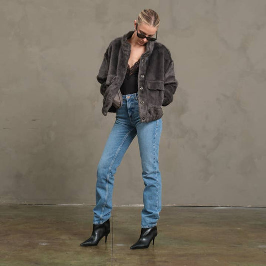 Faux Mink Button-Up Jacket - Charcoal