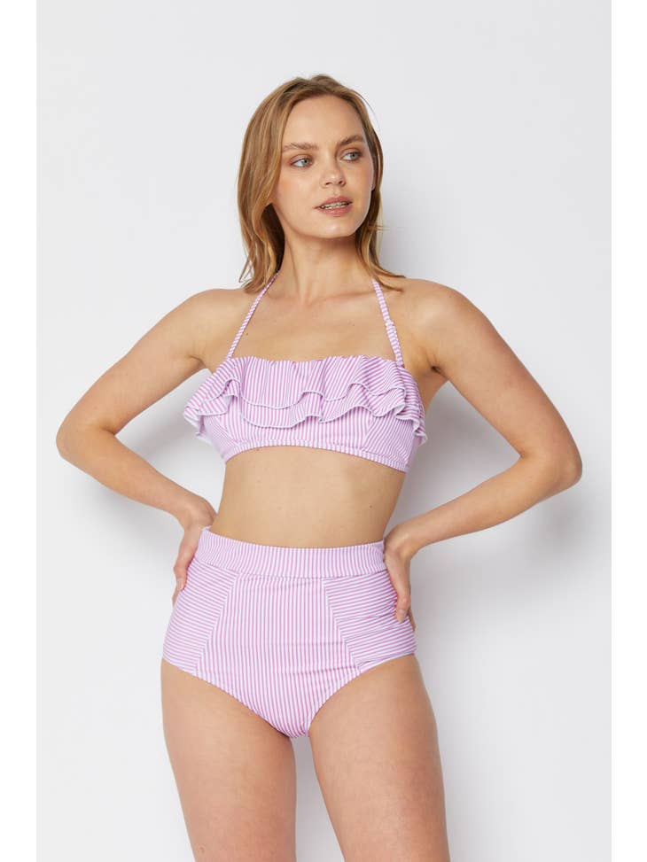 Ruffled Bandeau Swimsuit - Pink Stripe