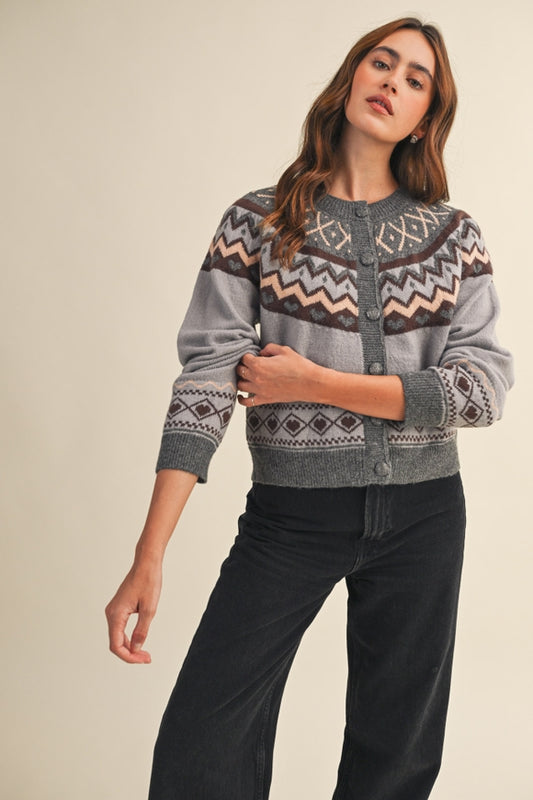 Fair Isle Heart Cardigan - Grey Brown