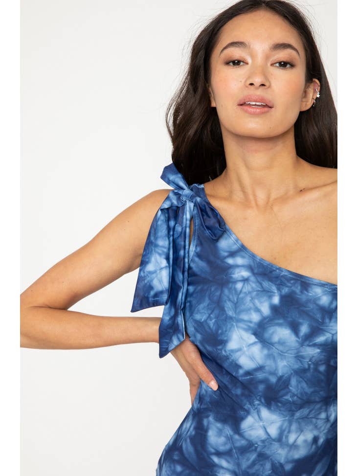 One-Off Shoulder Tie Swimsuit - Tie Dye Blue