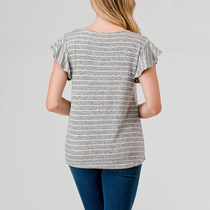 Flutter Sleeve Stripe Top - Heather Grey/White