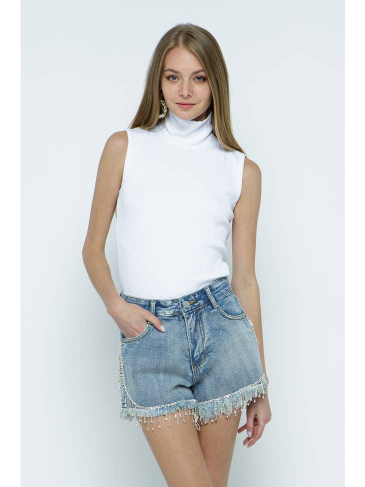 Fringe Rhinestone Frayed Denim Short