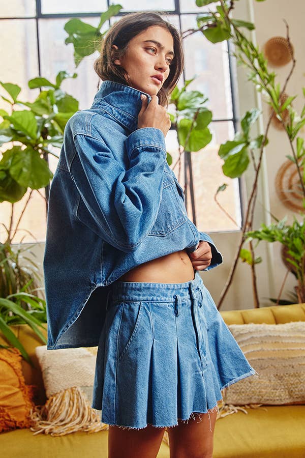 Pleated Denim Mini Skirt - Blue