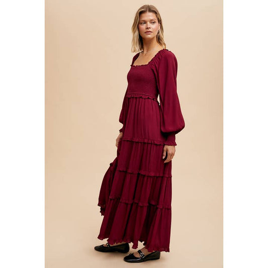 Smocked Square Neck Maxi Dress - Cherry Merlot