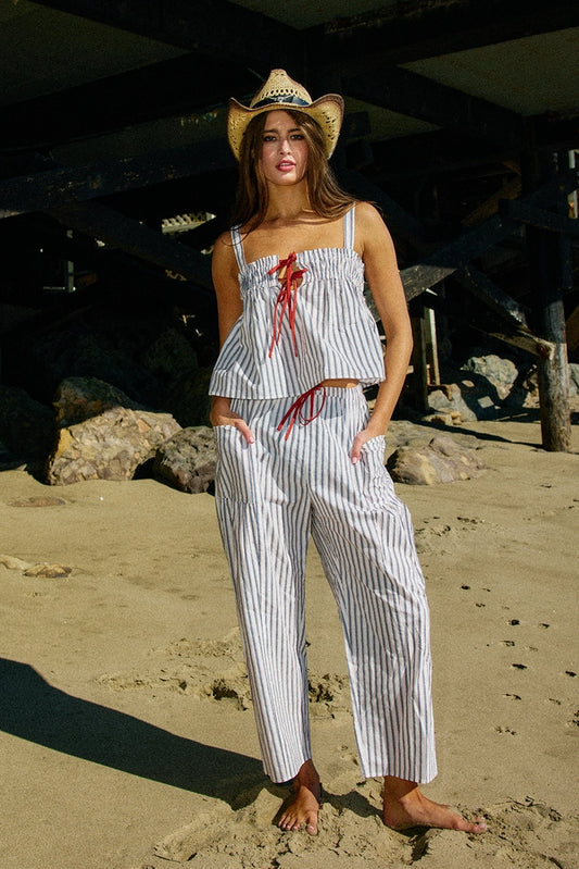 Contrast Drawstring Stripe Pants - White/Navy/Red