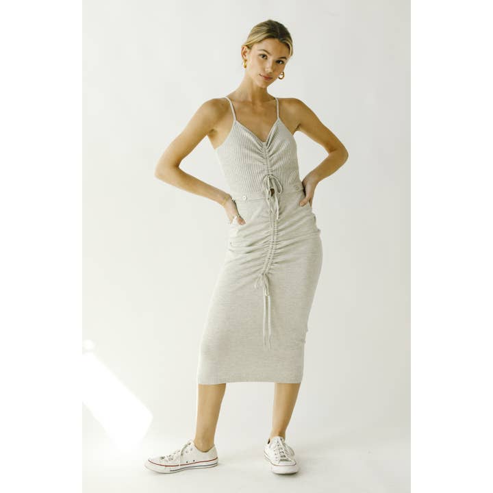 Ribbed Drawstring Dress - Grey