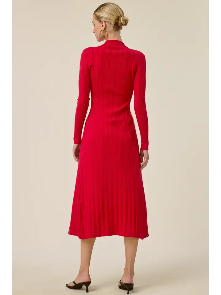Collared Ribbed Knit Duster Cardigan - Red