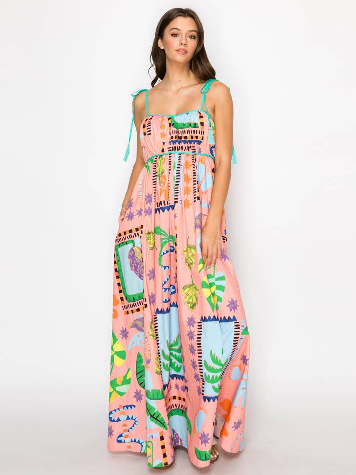 Retro Tropical Print Maxi Dress - Coral