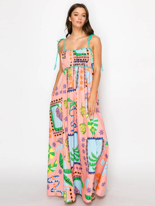 Retro Tropical Print Maxi Dress - Coral