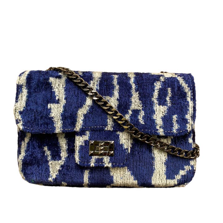 Silk Velvet Ikat Crossbody Bag - Navy Tiger