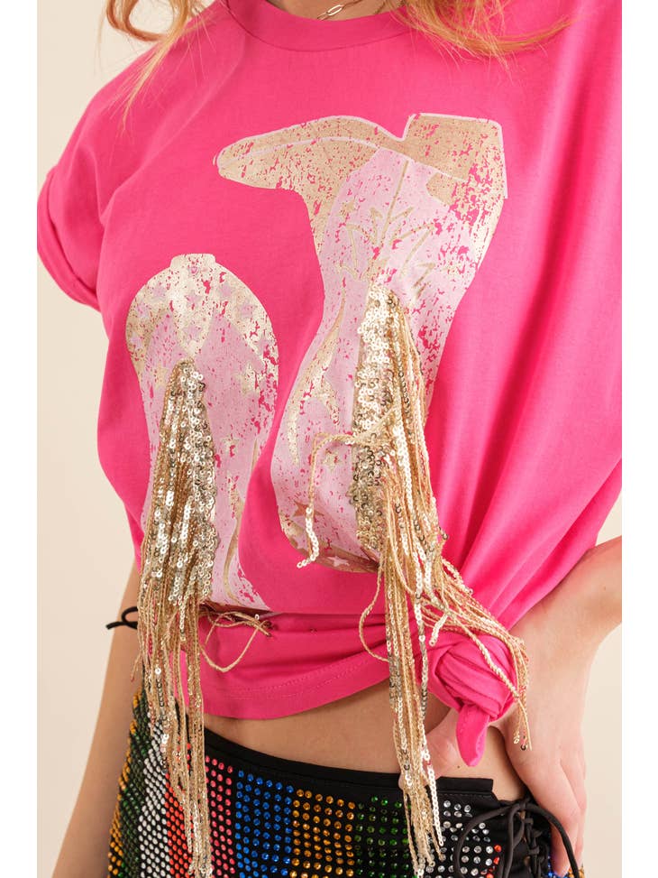 Foil Graphic Fringe T Shirt - Hot Pink