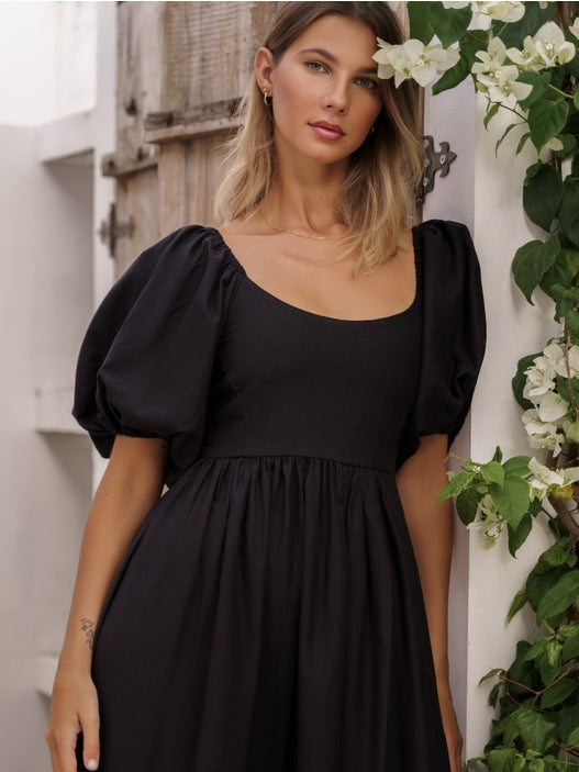 Cherie Puff Sleeve Midi Dress - Black