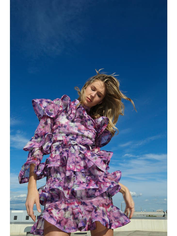 Ruffled Watercolor Mini Dress - Purple