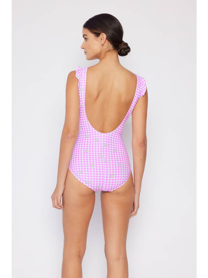 Ruffle Wrap Tie Swimsuit - Gingham Daisy Berry