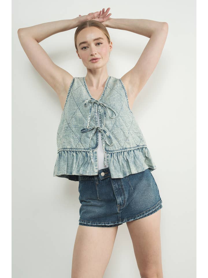 Ruffle Bottom Denim Vest - Medium Wash