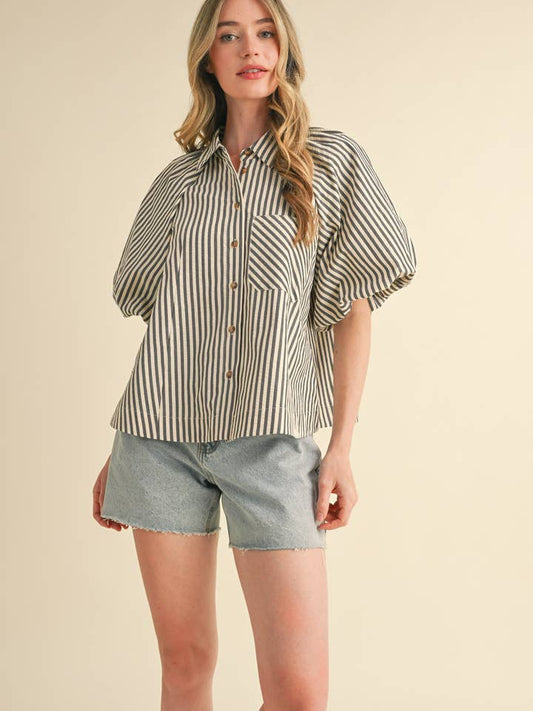Striped Bubble Sleeve Button Down - Black