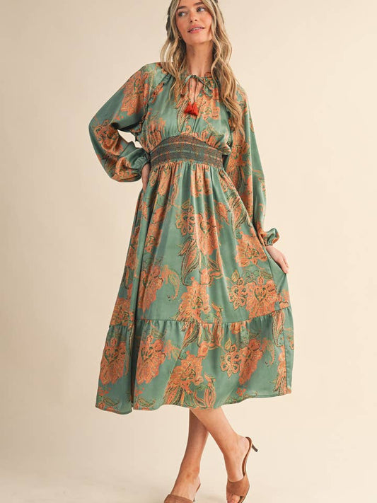 Paisley Smocked Midi Dress - Emerald Multi