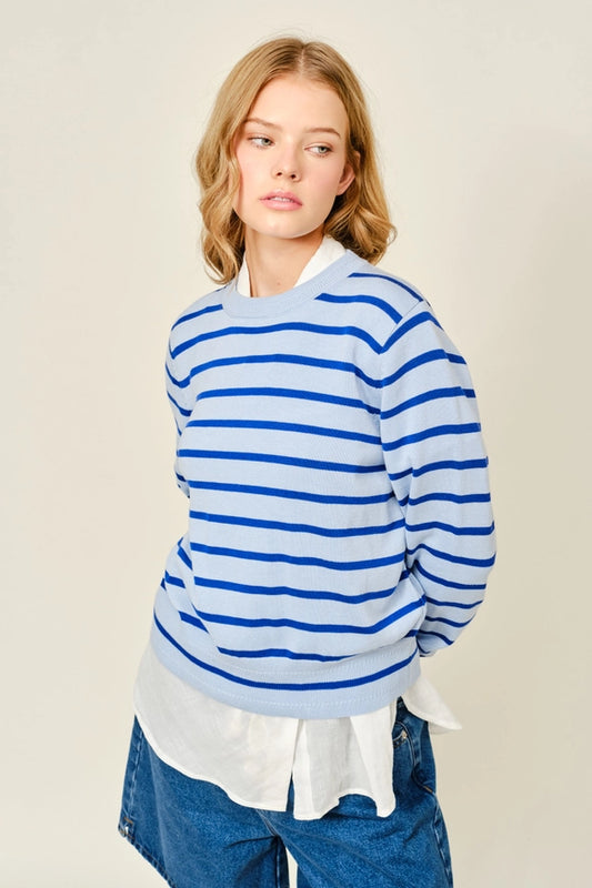 Thin Striped Pullover Sweater - Blue