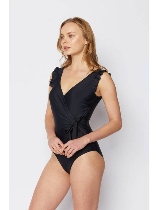 Ruffle Wrap Tie Swimsuit - Black