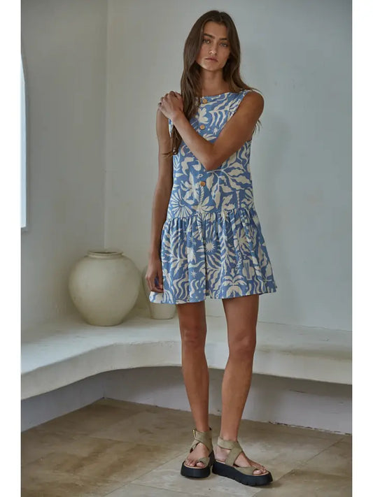 Resort Mini Dress - Blue Cream