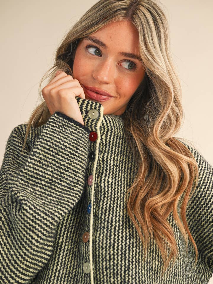 Striped Sweater Cardigan - Black/Lime