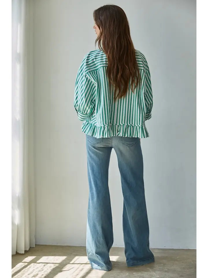 Ruffle Hem Button Down - Ivory/Green