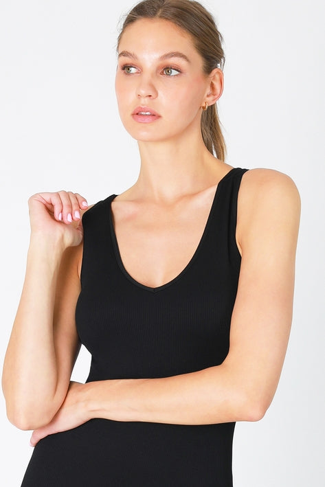 Ribbed V-Neck Romper - Black