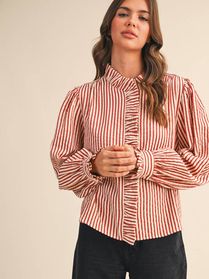 Striped Ruffle Long Sleeve Button Down - Red