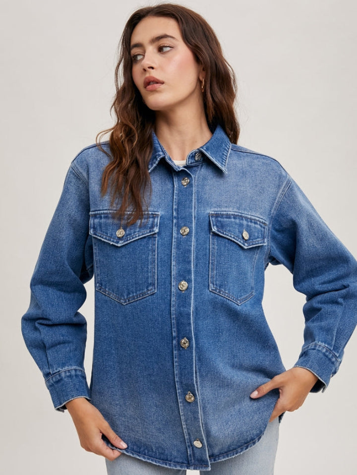 Washed Denim Shirt Jacket - Medium Wash