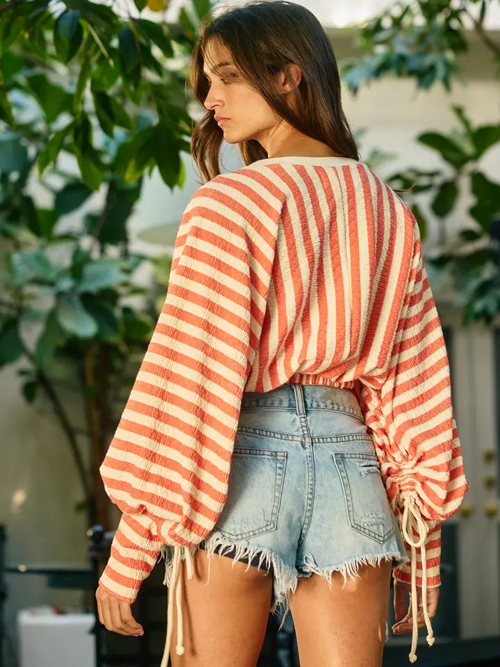 Textured Stripe Crop Top - Orange/Cream