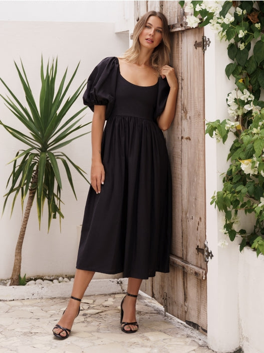 Cherie Puff Sleeve Midi Dress - Black