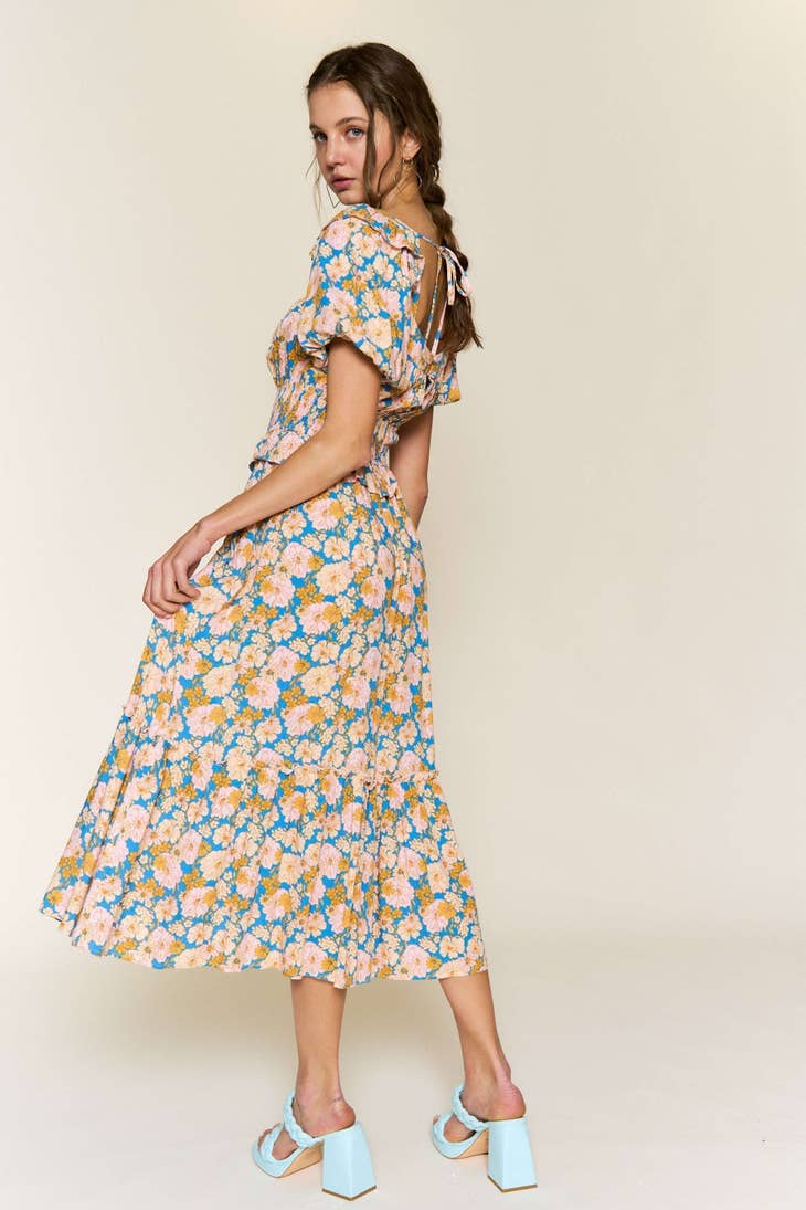 Ruffle Midi Dress - Blue Multi Floral