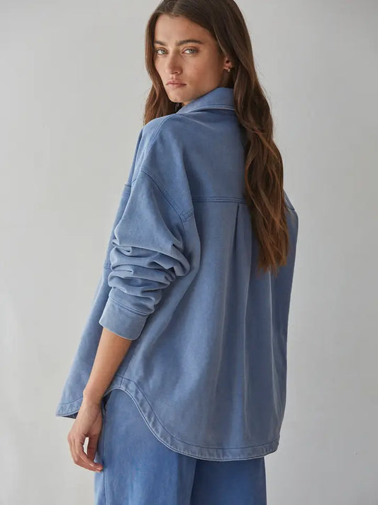 Knit Collared Button Down - Light Denim