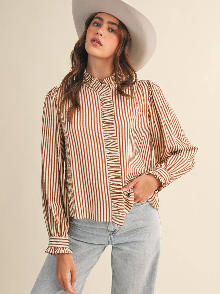 Striped Ruffle Long Sleeve Button Down - Pecan