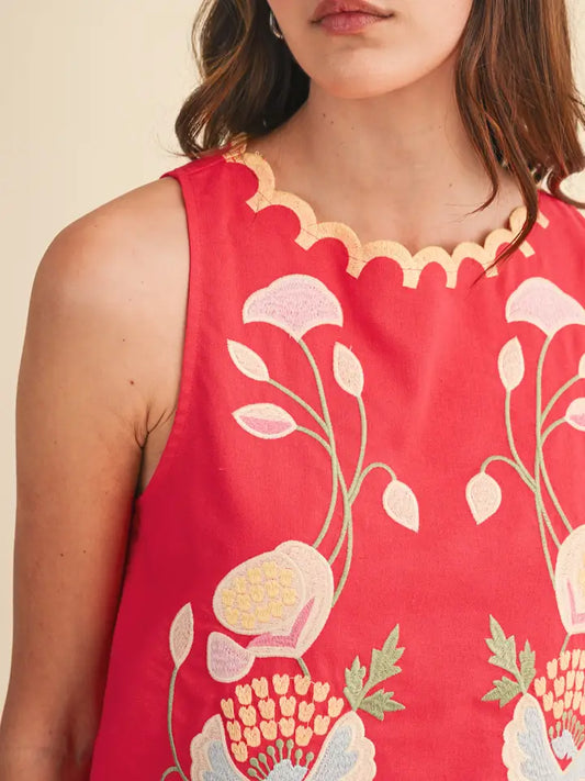 Floral Embroidery Scalloped Tank - Coral Red