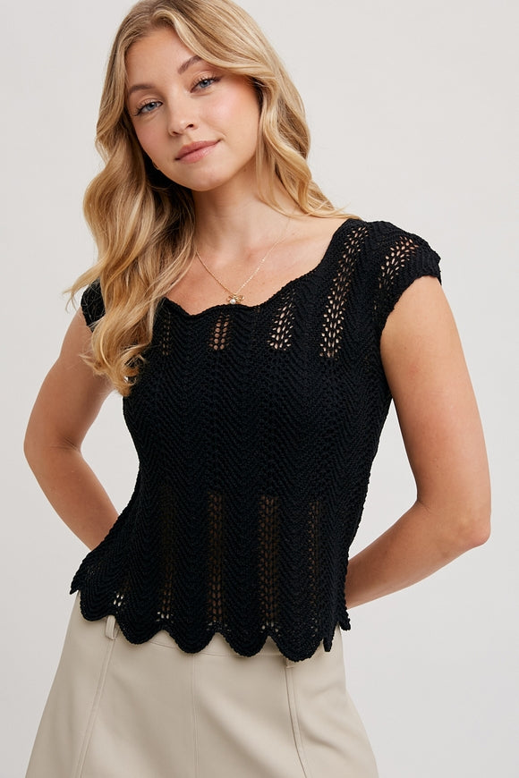 Eyelet Scalloped Hem Sweater - Black
