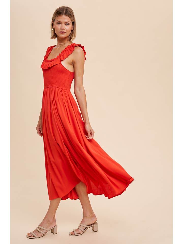 Smocked Ruffled Midi Dress - Chili