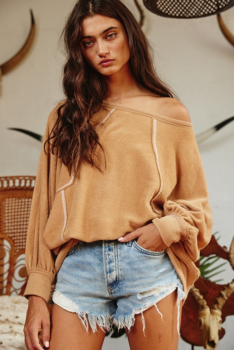 Reverse Stitch Dolman Sleeve Tunic - Camel