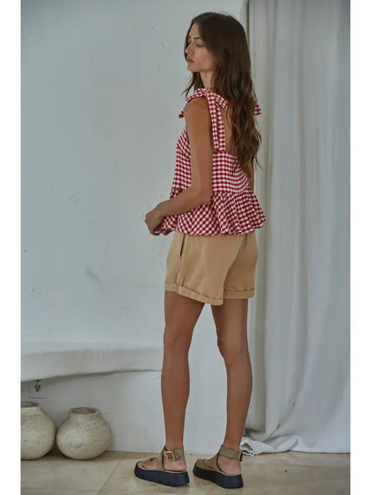 Gingham Peplum Top - Red