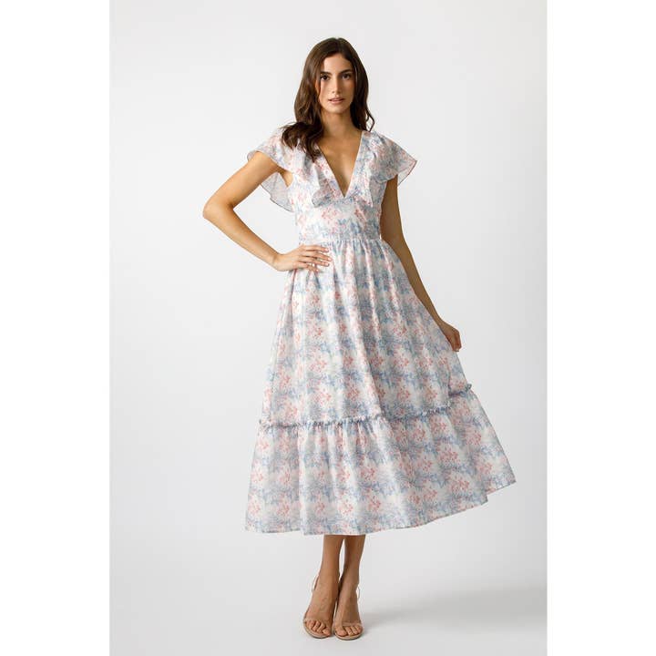 Ruffle Sleeve Midi Dress - White Multi