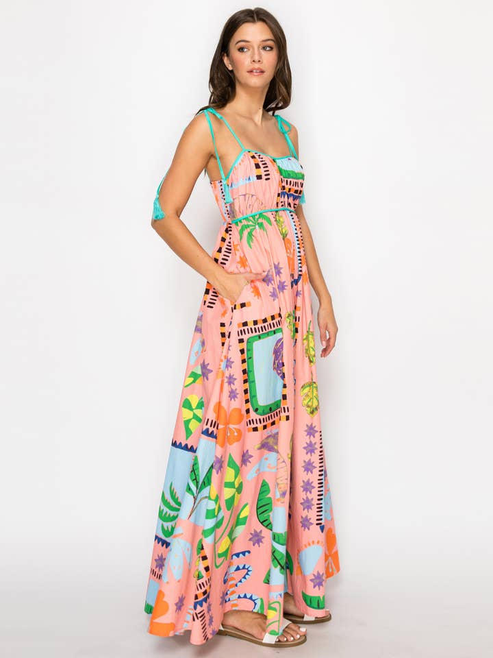 Retro Tropical Print Maxi Dress - Coral