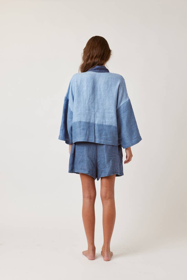 Linen Color-Blocked Jacket - Denim Tones