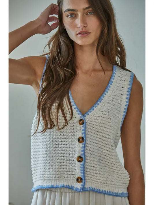Contrast Trim Sweater Vest - Cream Blue