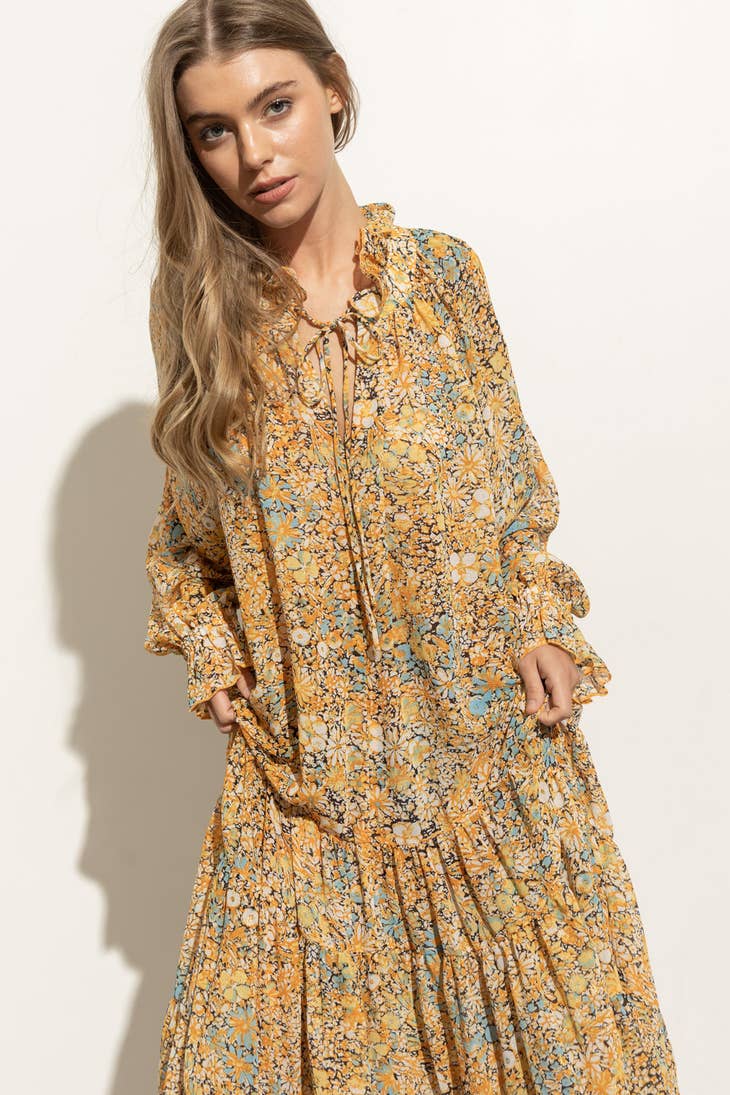 Ruffle Neck Tiered Maxi Dress - Mustard Multi