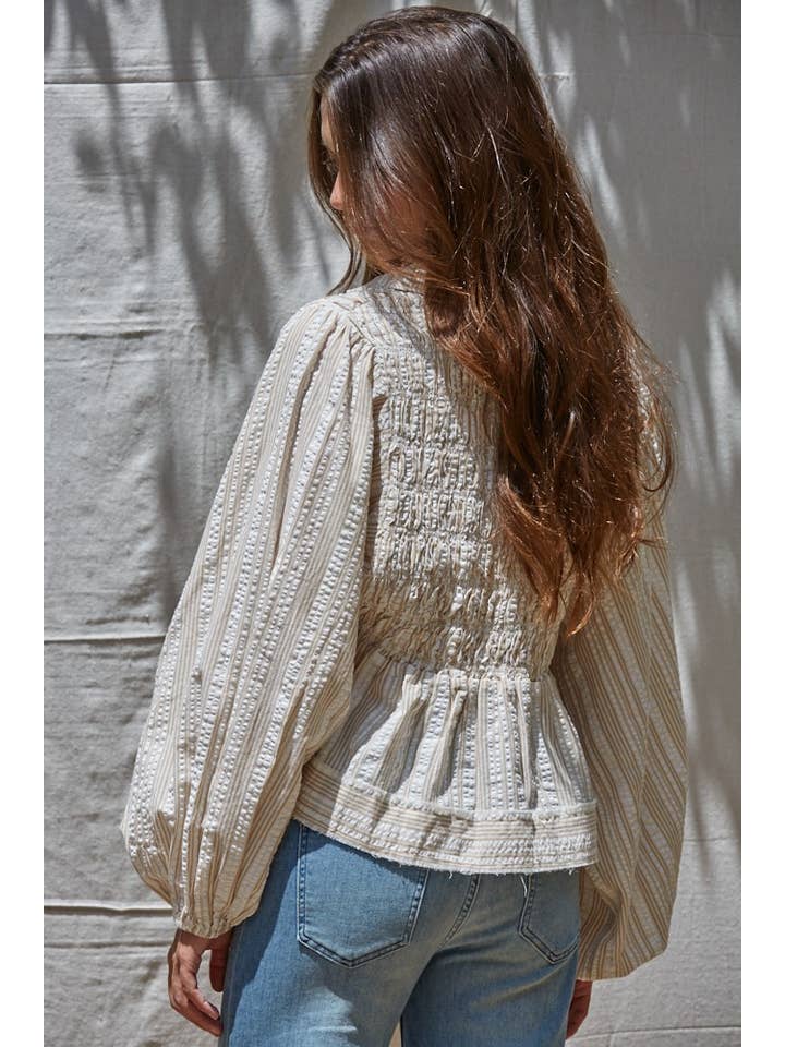 Woven Smocked Top - Ivory Taupe