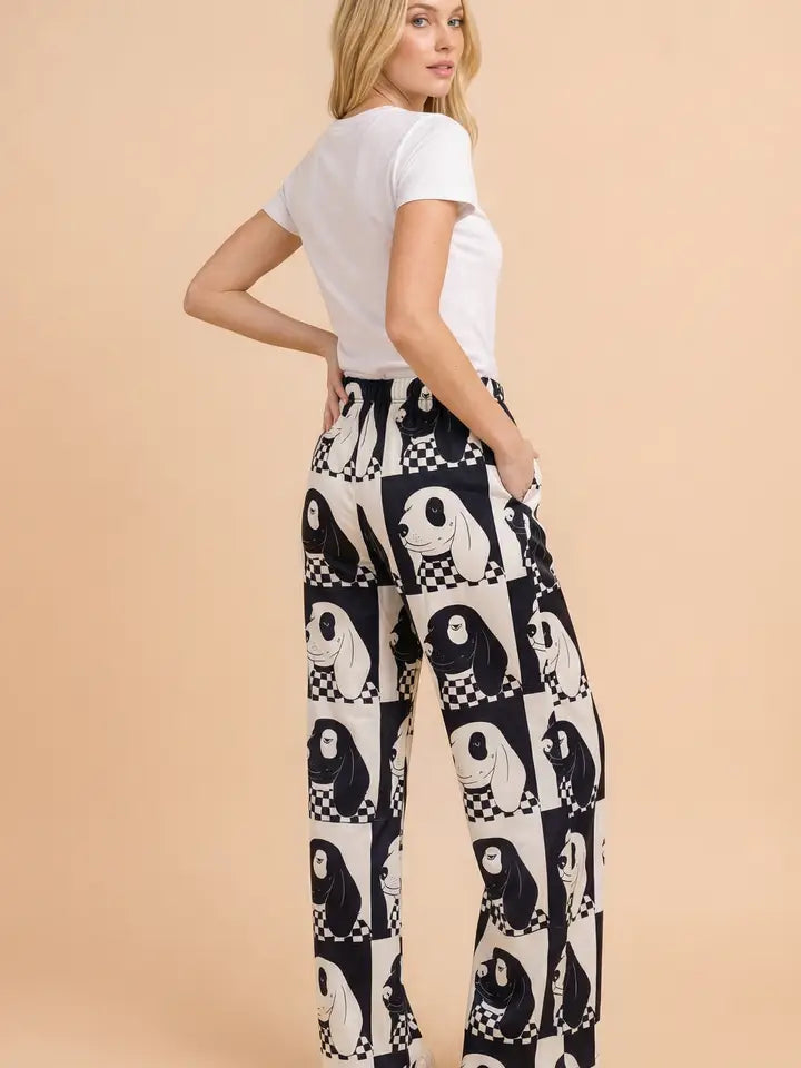 Dog Checkered Wide Leg Pants - Black/White